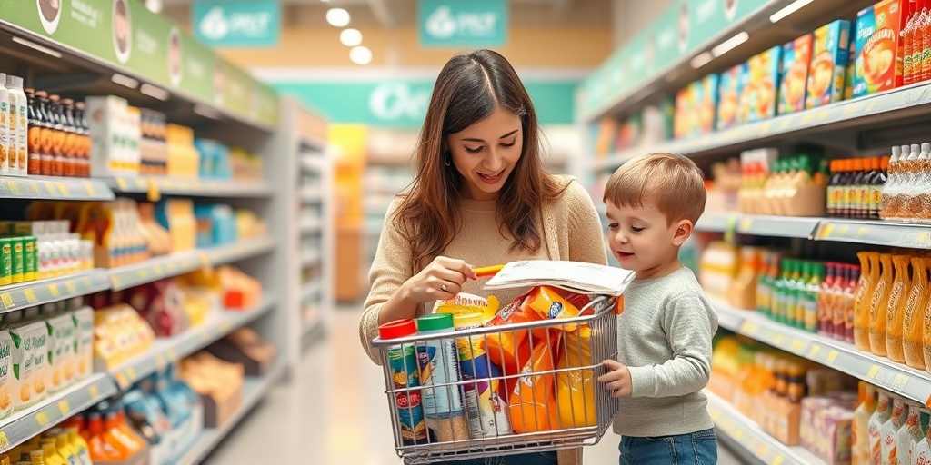 A parent reads food labels while shopping for allergy-friendly products, ensuring a safe experience for their child.  4.png