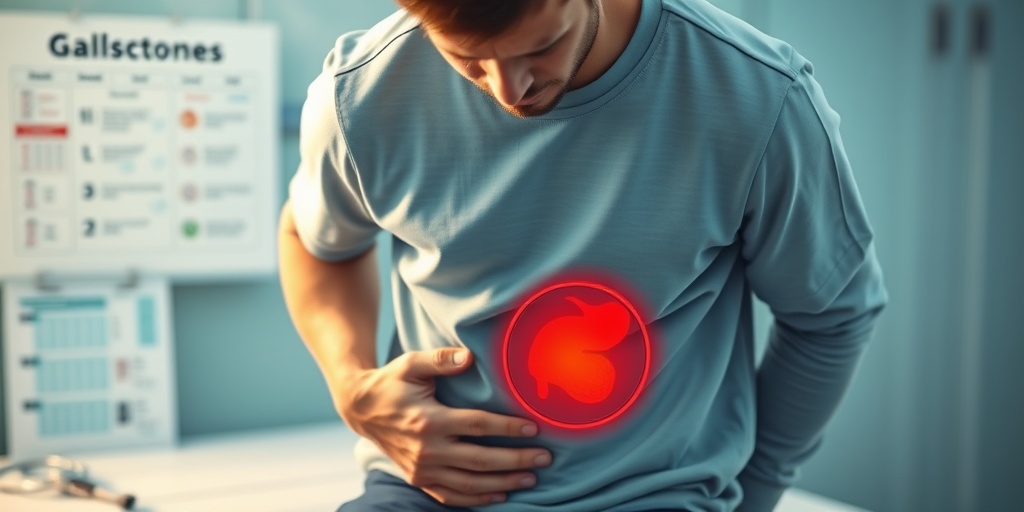 A patient in a clinical setting shows discomfort from gallstones, surrounded by medical tools in soft blue and green hues. 2.png