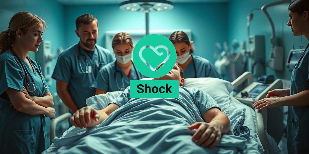 A patient in shock lies on a hospital bed, surrounded by focused medical professionals in scrubs. • Yesil Health AI