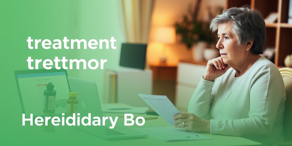 A patient thoughtfully explores treatment options for hereditary benign tremor at a cozy table with various materials.  4.png