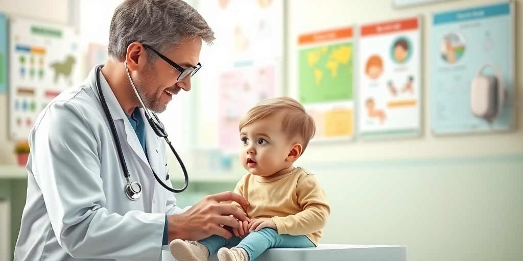 A pediatrician examines a young child in a cheerful clinic, fostering a comforting atmosphere with educational decor.  2.png