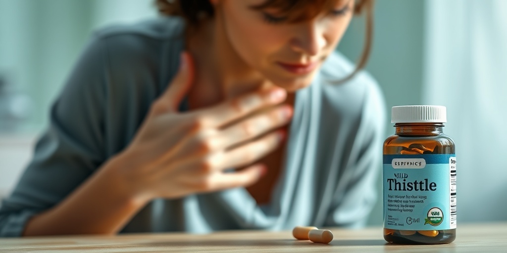 A person experiencing mild digestive discomfort, with milk thistle supplements nearby, set in a calming green and blue background. 3.png