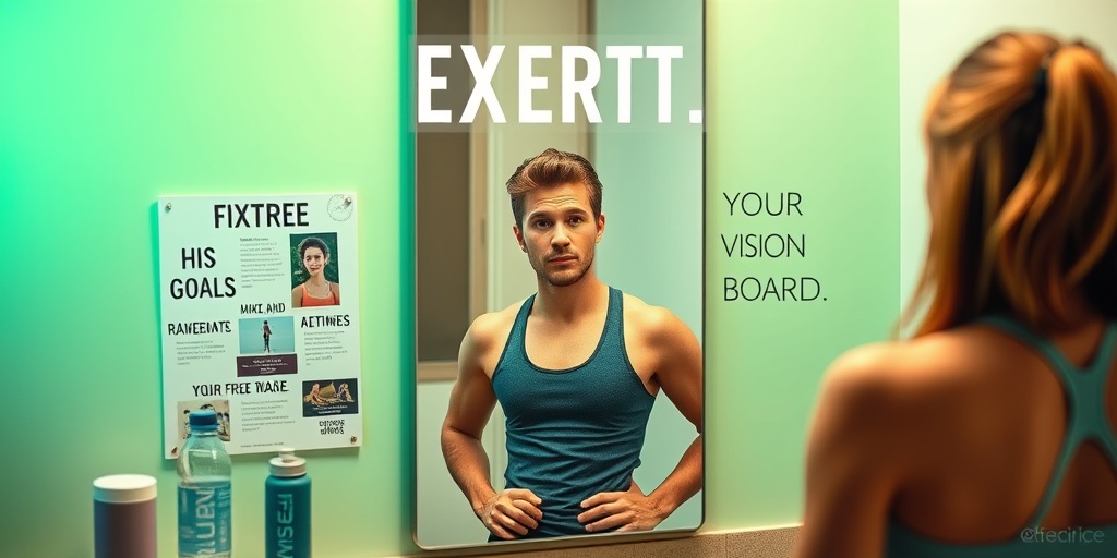 A person gazes in the mirror, surrounded by reminders of their fitness journey, inspiring perseverance and dedication.  5.png