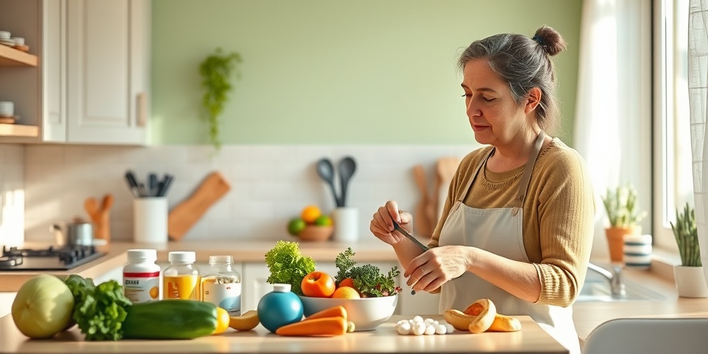 A person prepares a healthy meal in a bright kitchen, surrounded by fresh vegetables, symbolizing hope and resilience.5.png