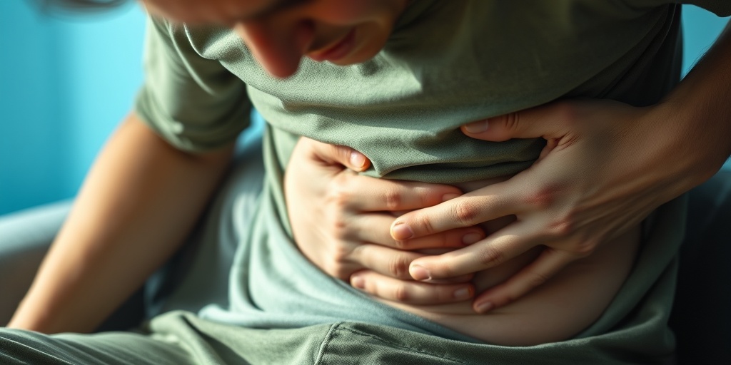 A person sits on a couch, holding their stomach in pain, surrounded by a calming blue background.2.png