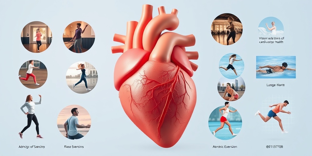 A photorealistic heart anatomy illustration surrounded by people dancing and swimming, highlighting cardiovascular exercise benefits.  2.png