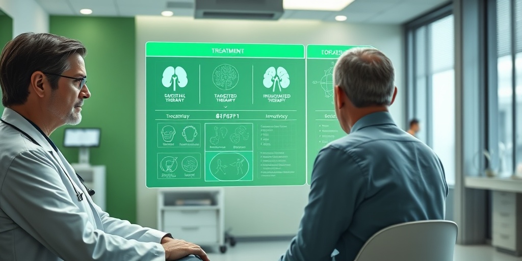 A physician discussing RCC treatment options with a patient in a modern medical setting, emphasizing hope and professionalism.  4.png