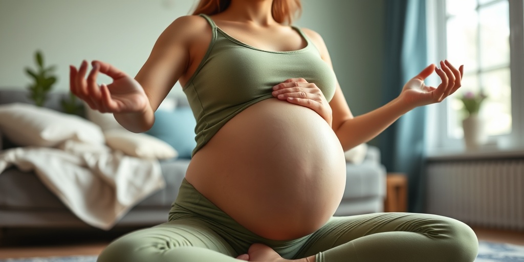 A pregnant woman practices yoga in a tranquil home, surrounded by calming colors, highlighting self-care importance.  5.png
