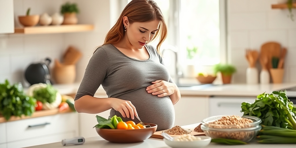A pregnant woman prepares a healthy meal in a sunlit kitchen, showcasing proactive management of gestational diabetes.  4.png