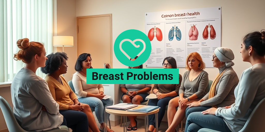 A serene clinical setting with diverse women discussing breast health, surrounded by warm lighting and educational materials. • Yesil Health AI