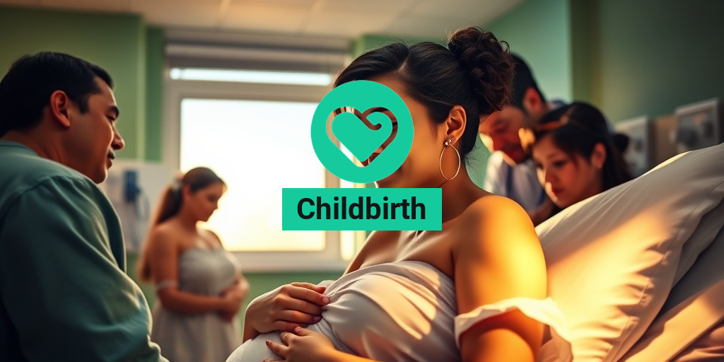 A serene hospital room filled with warm light, highlighting a woman in labor surrounded by her supportive family. • Yesil Health AI