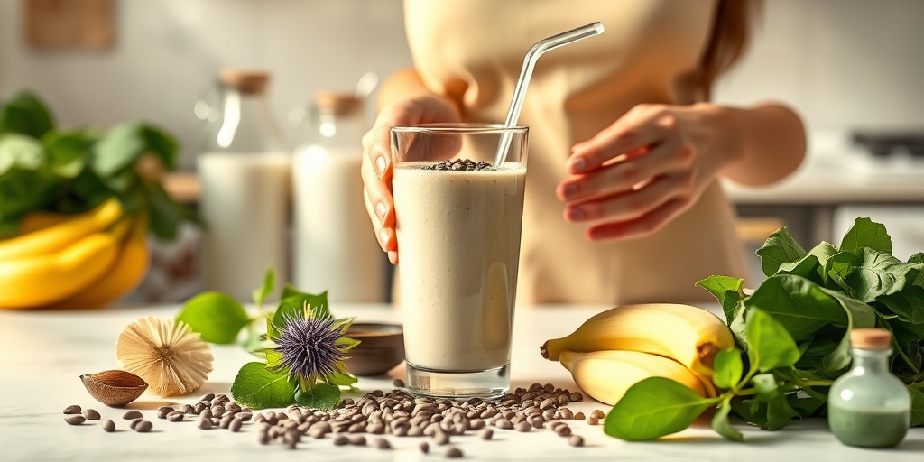 A serene kitchen scene with a person blending a healthy smoothie featuring milk thistle seeds and colorful ingredients. 2.png