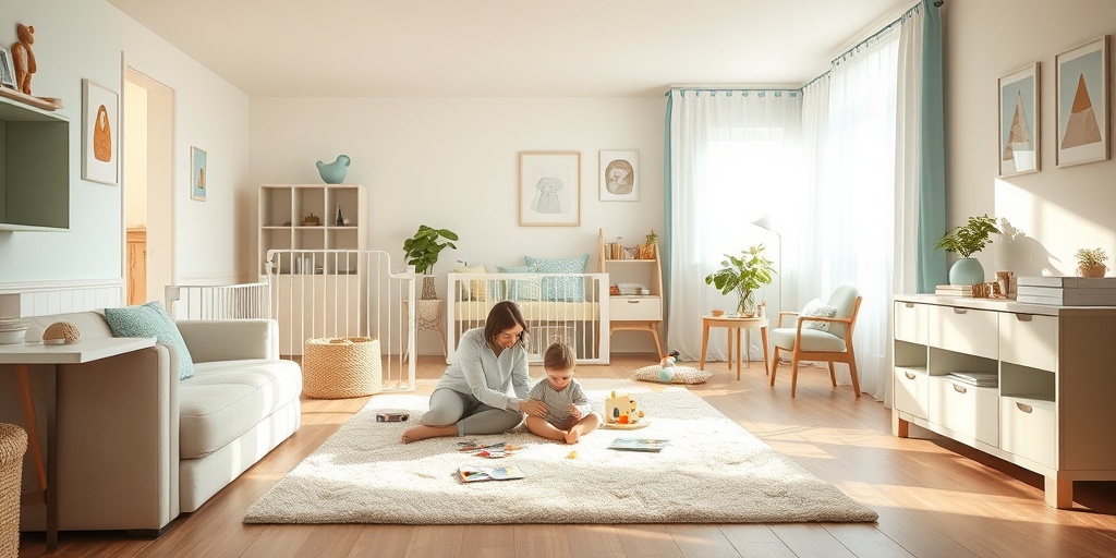 A serene living room designed for children features soft furnishings and safety measures, creating a cozy play space.  5.png