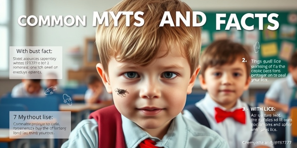 A split scene shows a child with lice and one without, accompanied by myth-busting infographics in a school setting.  5.png