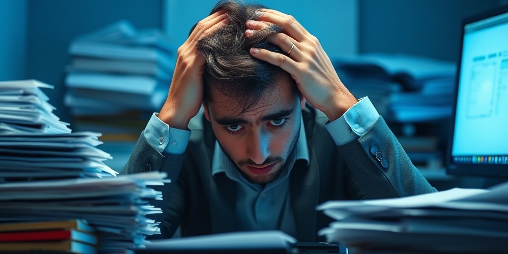 A stressed employee at a cluttered desk, showing anxiety while holding their head in hands amidst paperwork.  2.png