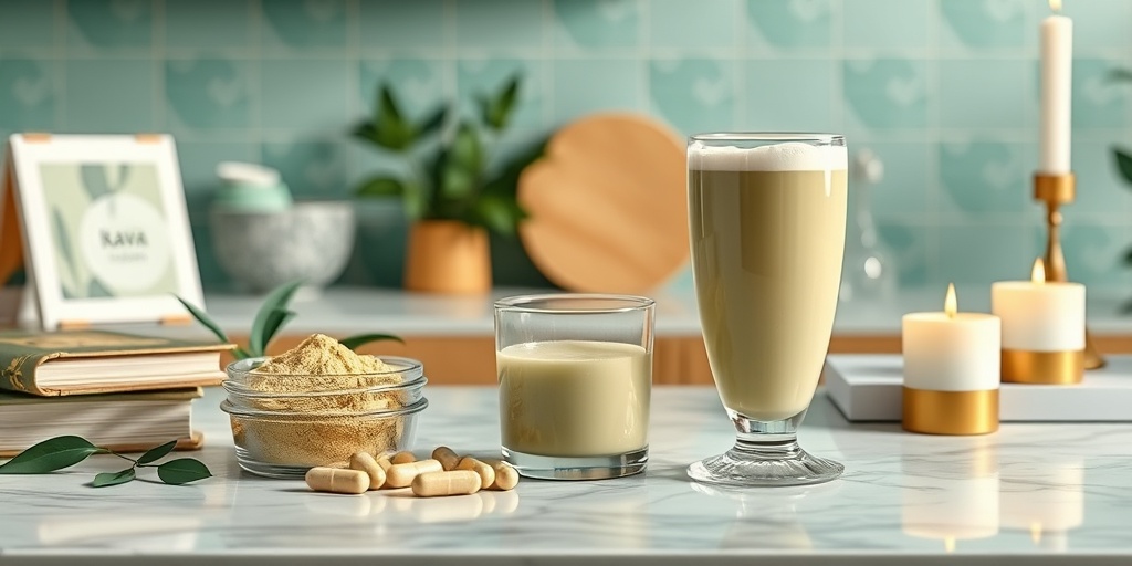 A stylish kitchen featuring kava powder and drinks, surrounded by herbal books and calming candles.  3.png