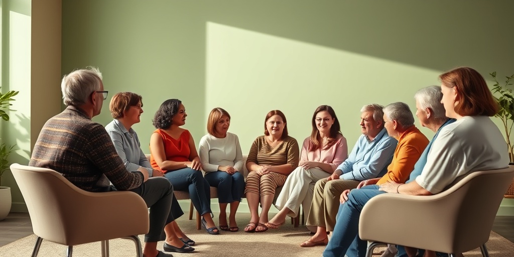 A support group meets in a circle, sharing experiences and fostering community among individuals affected by HHT in a warm atmosphere.5.png