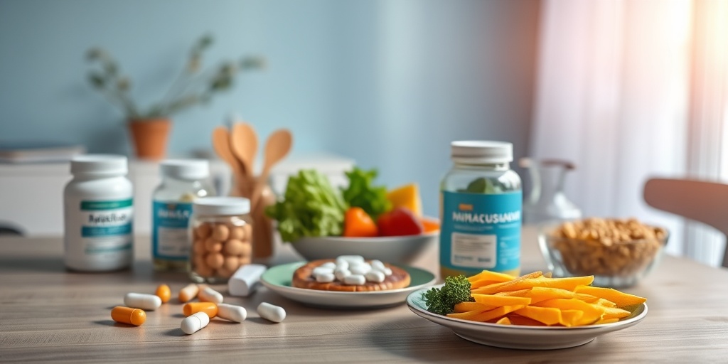 A table displays medications and healthy meals, emphasizing holistic care strategies for managing Mixed Connective Tissue Disease effectively.  4.png