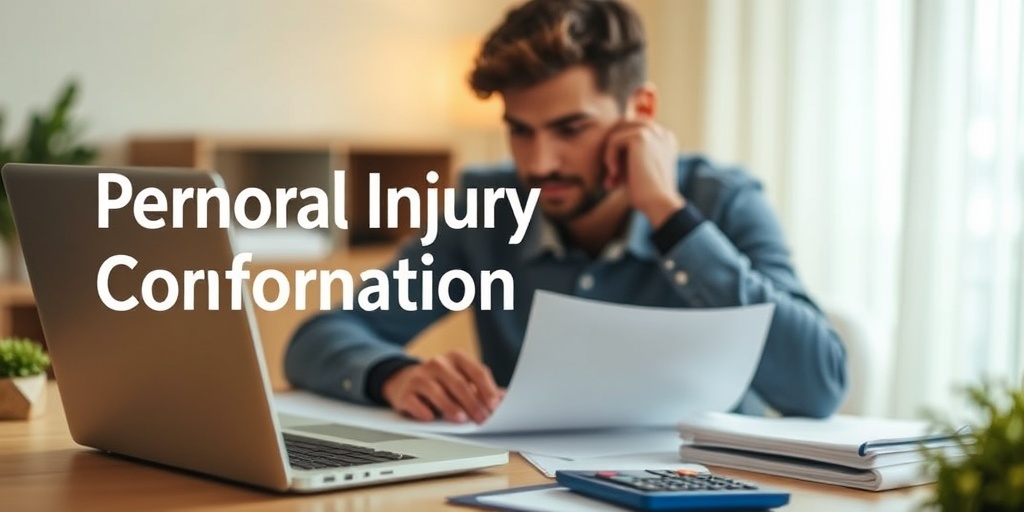 A thoughtful person reviews compensation documents at a desk, surrounded by legal papers and a laptop, symbolizing determination. 4.png