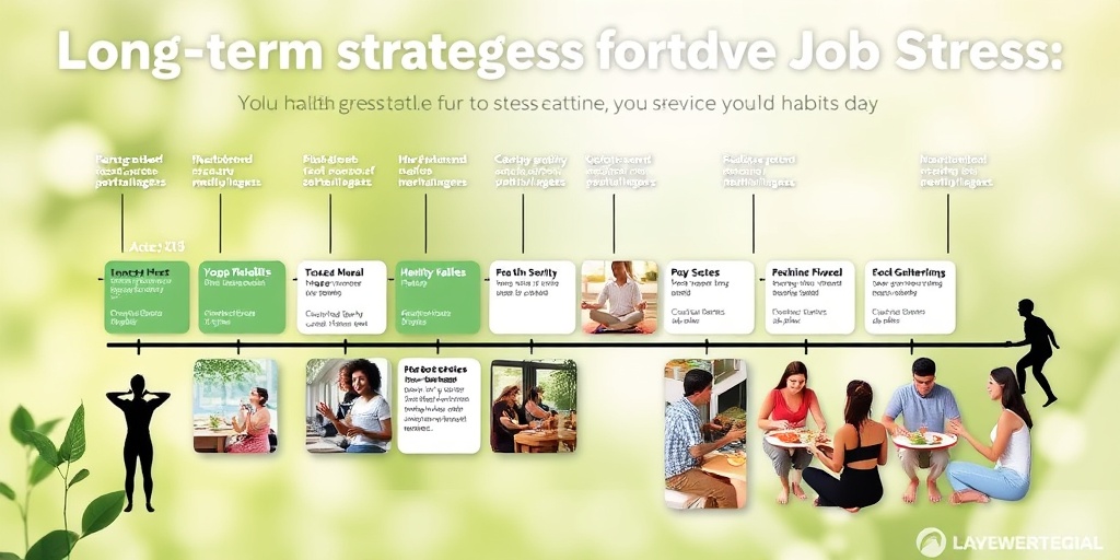 A timeline of healthy habits for stress reduction, showcasing activities like yoga, meditation, and social gatherings in vibrant imagery.  5.png