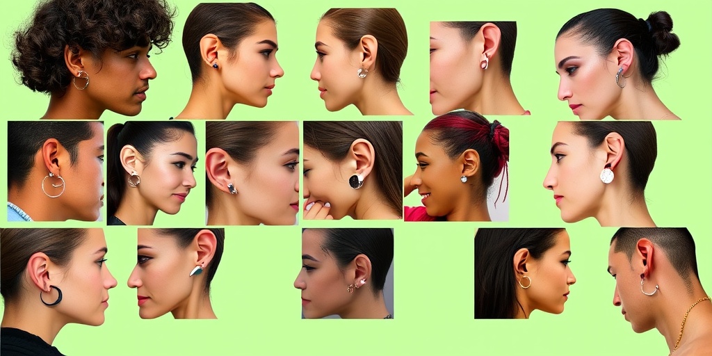 A vibrant collage of individuals showcasing trendy piercings, celebrating diversity and self-expression in a lively green setting.  5.png