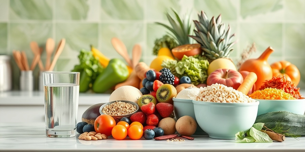 A vibrant display of fruits and vegetables on a kitchen counter, promoting a fiber-rich diet to prevent gallstones in a fresh atmosphere. 5.png