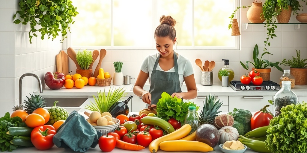 A vibrant kitchen filled with fresh ingredients, showcasing a person preparing a healthy meal and promoting positive choices. 5.png