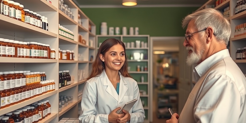 A welcoming homeopathic pharmacy with organized glass vials, where a pharmacist assists an elderly man with care.  4.png
