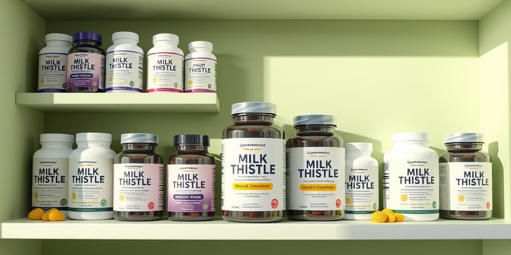 A well-organized supplement shelf displaying modern milk thistle products, illuminated by natural light against a soft green background. 5.png