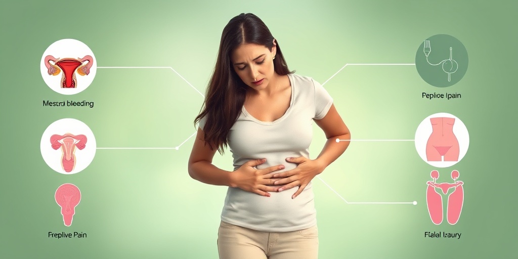 A woman holds her abdomen in pain, surrounded by icons representing uterine fibroid symptoms in soothing colors.  2.png