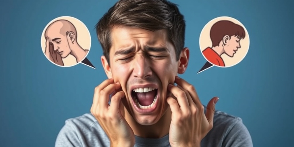 A young adult holds their jaw in pain, surrounded by visual symptoms of TMJ Disorder, set against a subtle blue backdrop.  2.png