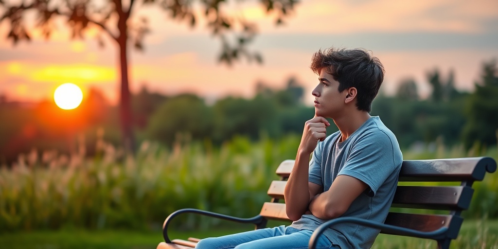 A young adult reflects on their prognosis while sitting on a park bench, surrounded by lush greenery and a sunset.  5.png