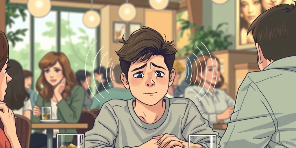A young adult struggles to connect with friends in a café, surrounded by abstract sound waves. 2.png
