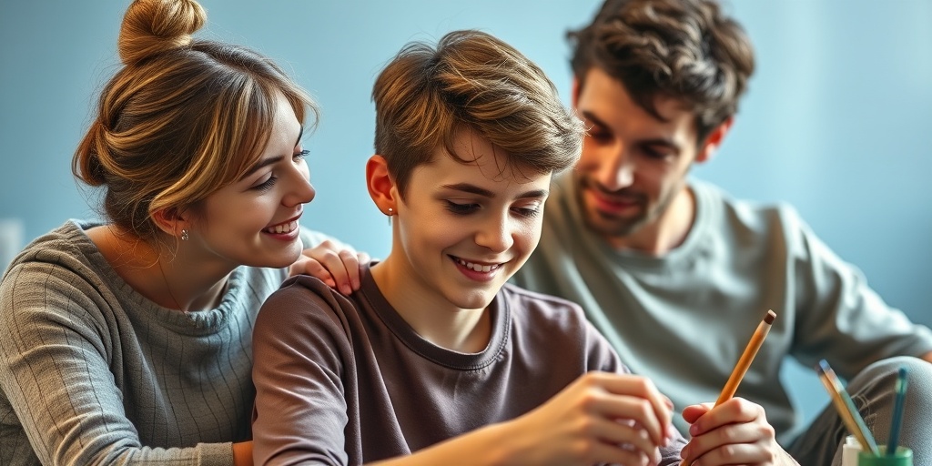 A young adult with Alexander Disease engages in painting, surrounded by supportive friends, showcasing resilience and community.  5.png