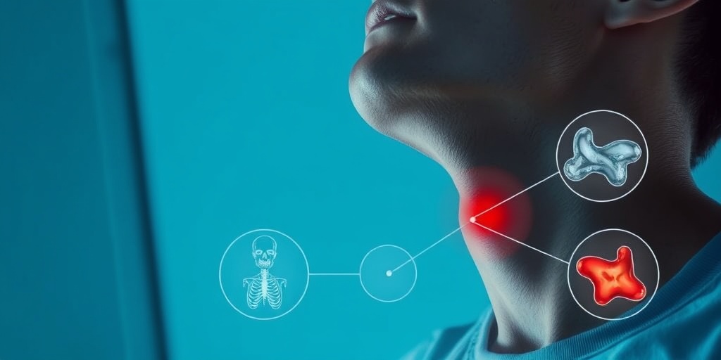 A young man examines his swollen neck in a mirror, reflecting worry about his goiter symptoms.  2.png