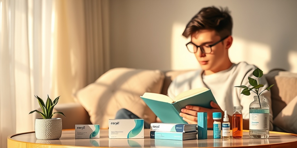 A young man reads in a cozy living room, stylish glasses on, surrounded by eye care options and greenery.  4.png