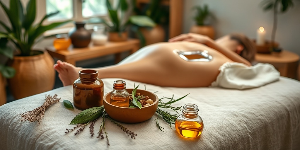An Ayurvedic treatment room with a therapist performing Abhyanga massage, adorned with fresh herbs and a peaceful ambiance.  4.png