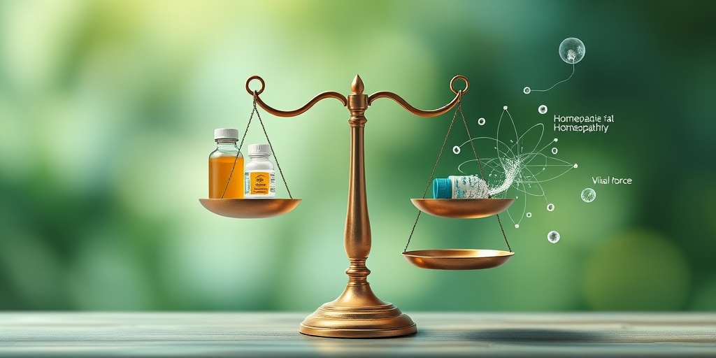 An artistic balance scale contrasts homeopathic remedies and conventional medicine, symbolizing holistic healing principles.  2.png