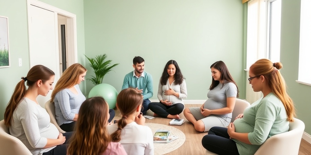 An engaging childbirth preparation class where expectant parents learn essential techniques in a bright, inviting environment.  3.png