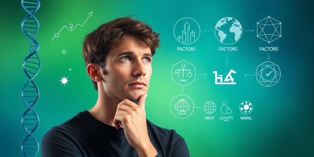 An individual contemplates genetic and environmental risk factors of Tuberous Sclerosis, surrounded by abstract symbols.  3.png