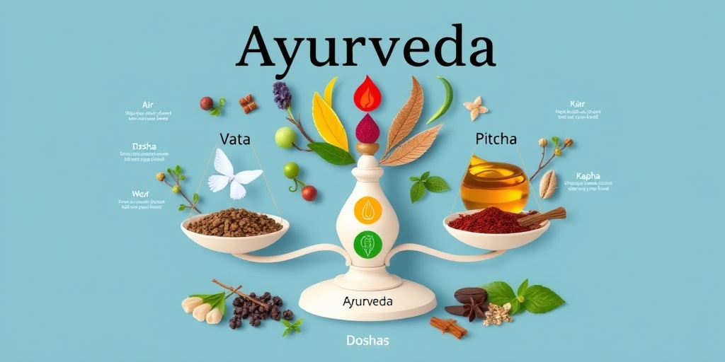 An informative display illustrating Ayurveda's three doshas with herbs and spices, set against a calming blue background.  2.png