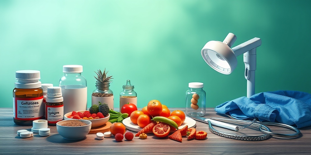 An informative scene of gallstone treatments, featuring medication, healthy foods, and surgical tools in a soothing green and blue setting. 4.png