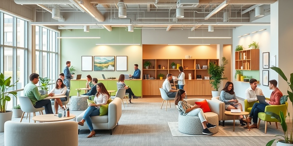 An inviting workspace with employees collaborating, enjoying breaks, and fostering a supportive atmosphere for teamwork.  4.png