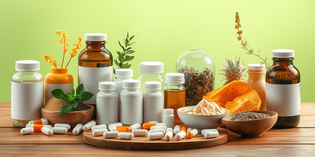 An organized display of ulcerative colitis treatment options, featuring medications and healthy foods on a wooden table.4.png