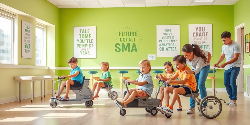 Children engage in physical therapy at a cheerful rehabilitation center, supported by therapists and adaptive equipment, symbolizing resilience.  5.png