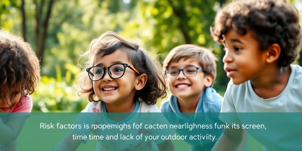 Children play joyfully outdoors, one wearing glasses, highlighting the risks of nearsightedness in a vibrant park.  3.png