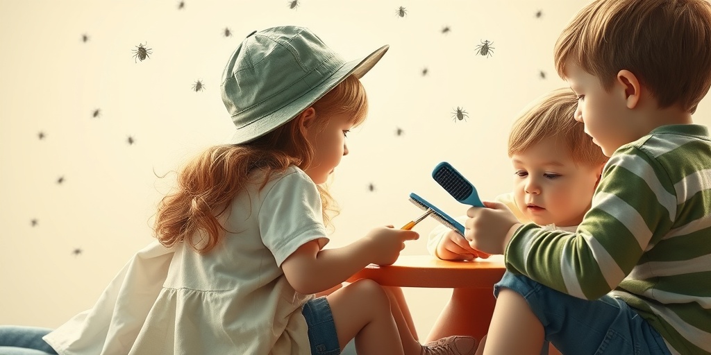Children play together, sharing hats and hairbrushes, illustrating common causes of lice infestation in a vibrant scene.  3.png