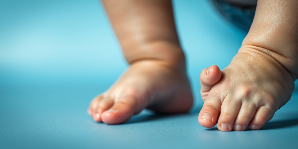 Close-up of a child's hands and feet, illustrating tremors and movement difficulties against a soft blue background.  2.png