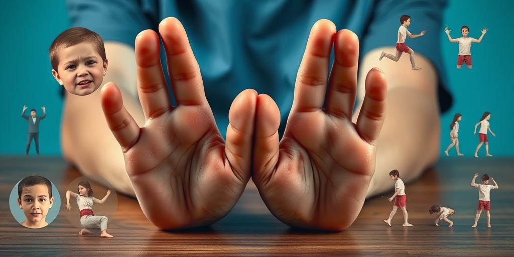 Close-up of a child's hands exhibiting involuntary movements against a subtle blue background, highlighting symptoms of Rheumatic Chorea.  2.png