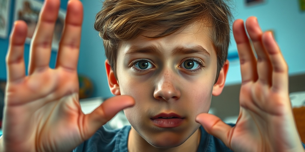 Close-up of a young adult showing hand-flapping and sensory overload in a cozy, softly lit room.2.png